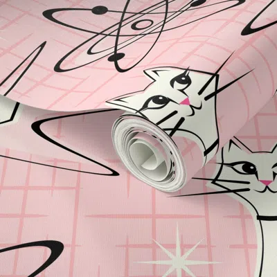 Spoonflower Peel And Stick Wallpaper Atomic Cat Field On Pink Hatch 2' X 12' Removable