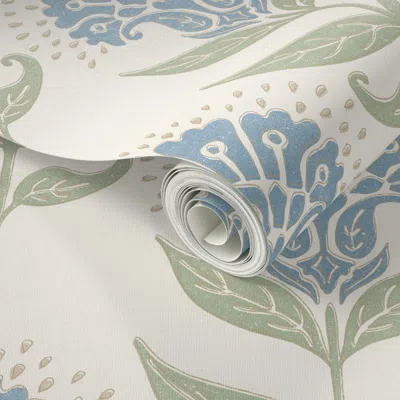 Spoonflower Peel And Stick Wallpaper Aurelia Floral Woodblock Preppy Grandmillenial Creme Muted Blue Sage Green 