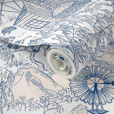 Spoonflower Peel And Stick Wallpaper Aussie Outback Toile - Navy And Nude 2' X 12' Removable