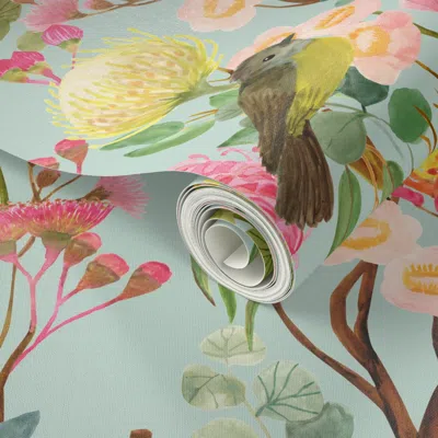 Spoonflower Peel And Stick Wallpaper Australian Birds And Blooms Sky 2' X 12' Removable