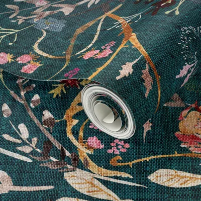 Spoonflower Peel And Stick Wallpaper Autumn Fable Floral (teal) Jumbo 2' X 12' Removable