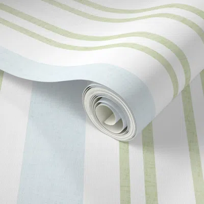 Spoonflower Peel And Stick Wallpaper Baby Blue And Green Stripes - Boys Nursery - Ticking - Soft Pastel White 2'
