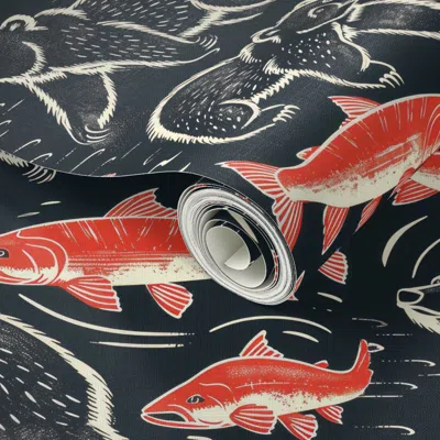Spoonflower Peel And Stick Wallpaper Bear & Salmon Stream Soiree 2' X 12' Removable