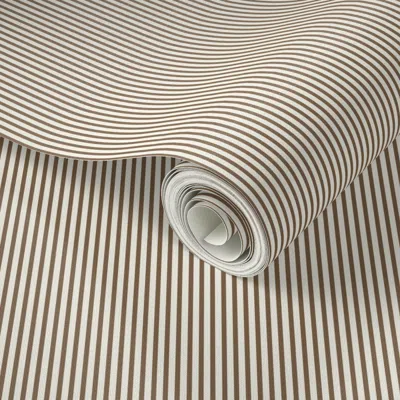 Spoonflower Peel And Stick Wallpaper Beefy Pinstripe - Medium Sepia & Cream - Thin Earth Tone Candy Stripe Tiny 