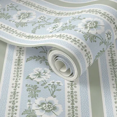 Spoonflower Peel And Stick Wallpaper Bellamy Floral Stripe Light Blue Lichen  Removable In Multi