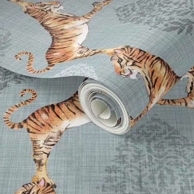 Spoonflower Peel And Stick Wallpaper Big Cat Damask (silver) Lrg 2' X 12' Removable