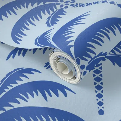 Spoonflower Peel And Stick Wallpaper Big/ Vintage Palm Trees Tropical Retro Old Hollywood Scallop Ink Blue Palms