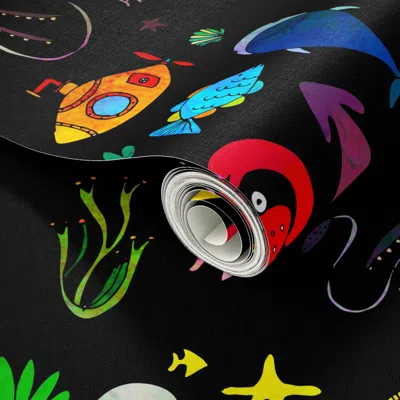 Spoonflower Peel And Stick Wallpaper Bio-luminescence Sea Life Black 2' X 12' Removable