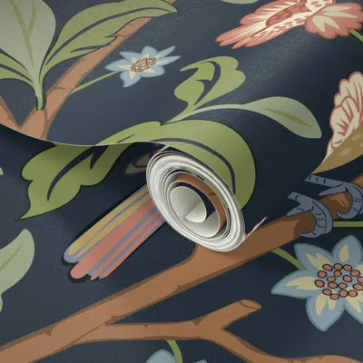 Spoonflower Peel And Stick Wallpaper Birds And Flowers William Morris Style Floral On Dark Blue 2' X 12' Removab