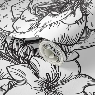 Spoonflower Peel And Stick Wallpaper Black & White Big Floral Blooms 2' X 12' Removable