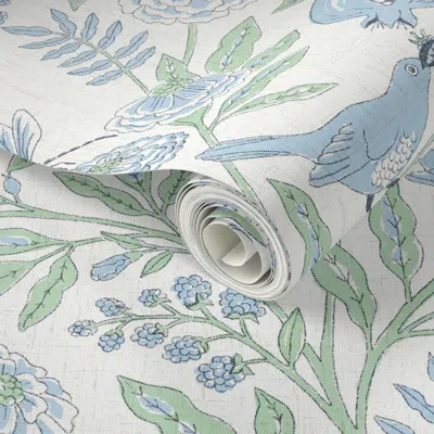 Spoonflower Peel And Stick Wallpaper Block Print Wren In Pomegranate Grove Flowers Dragonfly Linen Textured Lg   In Multi