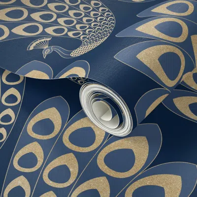 Spoonflower Peel And Stick Wallpaper Blue And Gold Art Deco Peacock - Large 2' X 12' Removable