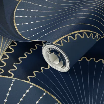 Spoonflower Peel And Stick Wallpaper Blue And Gold Art Deco Scallop / Jumbo 2' X 12' Removable