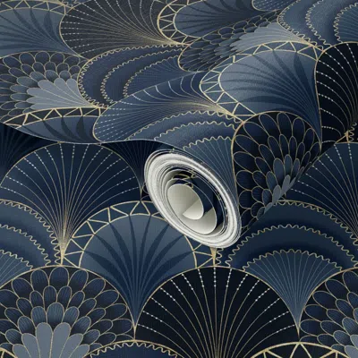 Spoonflower Peel And Stick Wallpaper Blue And Gold Art Deco Scallop / Small Scale 2' X 12' Removable