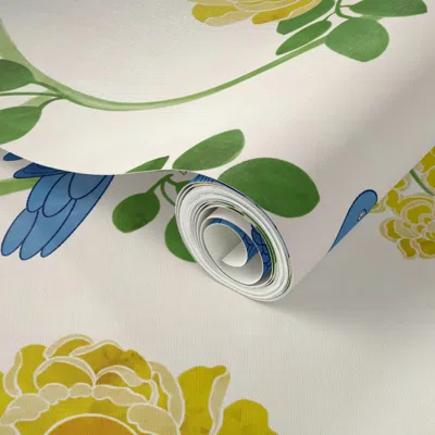 Spoonflower Peel And Stick Wallpaper Blue Birds And Yellow Roses On Watercolor Cream Background Large Format  Re