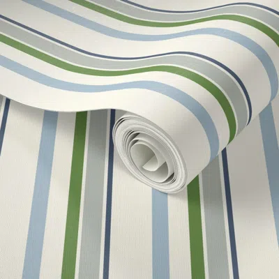 Spoonflower Peel And Stick Wallpaper Blue Green Grey And Cream Stripe Coordinating Print Large Timeless Striped 