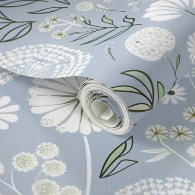 Spoonflower Peel And Stick Wallpaper Blue Sage Green Dandelion Field Floral  With White Blooms Daisy  Removable