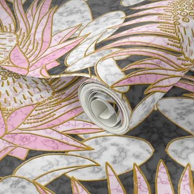 Spoonflower Peel And Stick Wallpaper Blush King Protea Art Deco (slate) 2' X 12' Removable