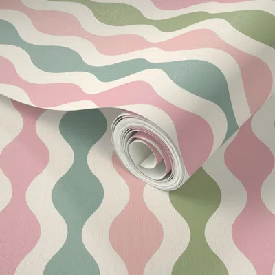 Spoonflower Peel And Stick Wallpaper Bobbly Wavy Stripes Multi-color Pink Green Ivory -medium  Removable