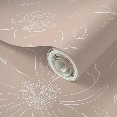 Spoonflower Peel And Stick Wallpaper Bohemian Cottagecore Floral Line Drawing - Warm Beige - Girly Feminine Chic In Pink