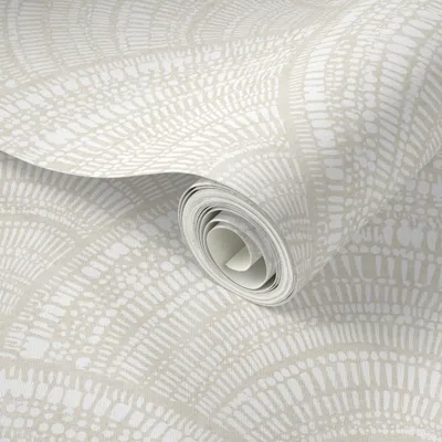 Spoonflower Peel And Stick Wallpaper Bohemian Scallop Shell Pattern - Natural Beige White Coastal Decor 2' X 12'