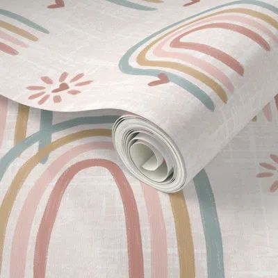Spoonflower Peel And Stick Wallpaper Boho Rainbow & Hearts Muted On Pink 2' X 12' Removable