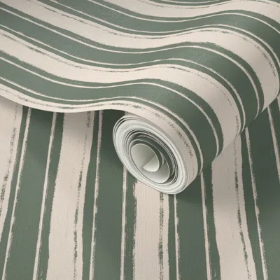 Spoonflower Peel And Stick Wallpaper Boho Sweet Peas Ticking Stripe In Cream On Sage Green 2' X 12' Removable
