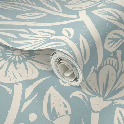 Spoonflower Peel And Stick Wallpaper Botanical Block Print In Mist Blue - Modern Carved Floral 2' X 12' Removabl
