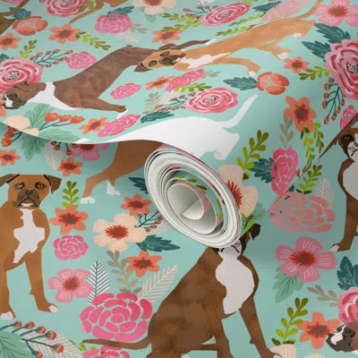 Spoonflower Peel And Stick Wallpaper Boxer Dog Flowers Florals Mint Cute Flowers Vintage Florals Boxer Dogs 2' X