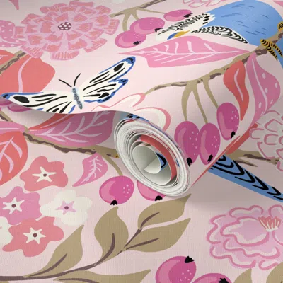 Spoonflower Peel And Stick Wallpaper Budgies And Butterflies - Pink Coral 2' X 12' Removable