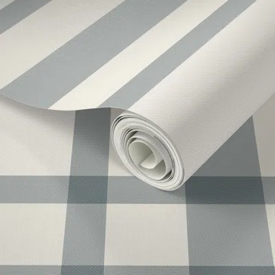 Spoonflower Peel And Stick Wallpaper Cabin Plaid 02 - Creamy White & French Grey Blue - With Fine Diagonal Lines