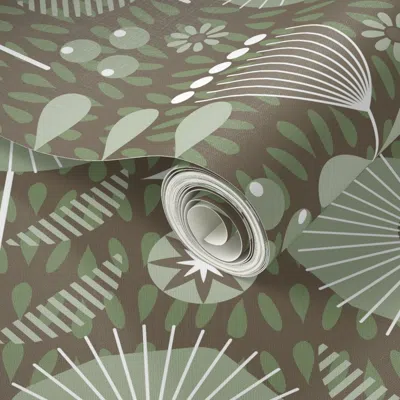 Spoonflower Peel And Stick Wallpaper Calm Scandi Meadow-folk Art-floral-cottagecore-birds-warm-sage Brown-large 