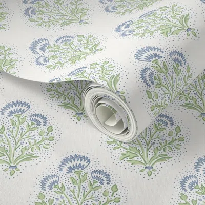 Spoonflower Peel And Stick Wallpaper Campbell Bloom Muted Blue And Green On Cream 2' X 12' Removable