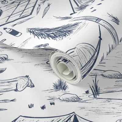 Spoonflower Peel And Stick Wallpaper Camping Forest Animal Toile In Dark Blue And White - Boys Woodland Nursery 