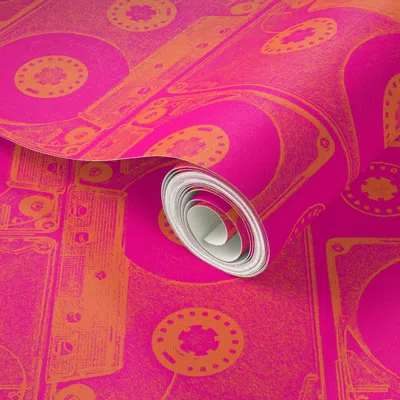 Spoonflower Peel And Stick Wallpaper Cassette Tape Reel Pink Orange 2' X 12' Removable