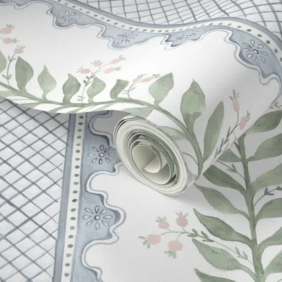 Spoonflower Peel And Stick Wallpaper Celia Quiet Blue Green And Pale Pink 2' X 12' Removable In Multi