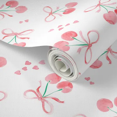 Spoonflower Peel And Stick Wallpaper Cherries And Bows Watercolor Coquette Pink Red Medium Scale  Removable