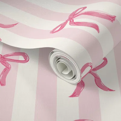 Spoonflower Peel And Stick Wallpaper Chic Coquette Pink Bows On Pink & White Stripes Medium 2' X 12' Removable