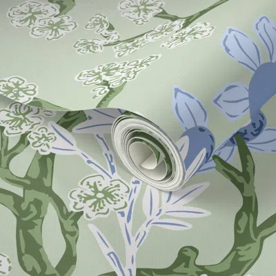 Spoonflower Peel And Stick Wallpaper Chinoiserie Garden Tapestry Light Green Blue 2' X 12' Removable