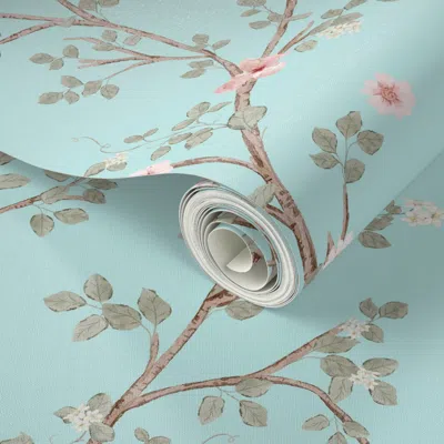 Spoonflower Peel And Stick Wallpaper Chinoiserie Hummingbird Garden With Pink Roses Butterfly Branches And Bows 
