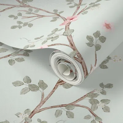 Spoonflower Peel And Stick Wallpaper Chinoiserie Hummingbird Garden With Pink Roses Butterfly Branches And Bows 
