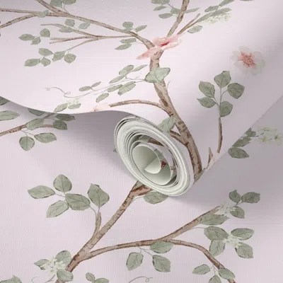 Spoonflower Peel And Stick Wallpaper Chinoiserie Hummingbird Garden With Pink Roses Butterfly Branches And Bows 