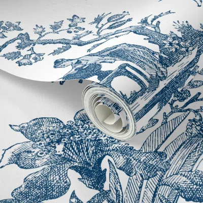 Spoonflower Peel And Stick Wallpaper Chinoiserie Toile Lonely Angel Blue And White 2' X 12' Removable In Multi