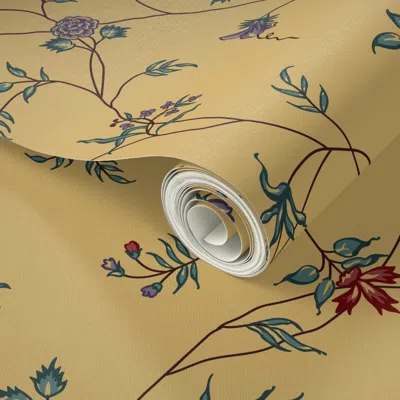 Spoonflower Peel And Stick Wallpaper Chintz Vine Mustard Small 2' X 12' Removable