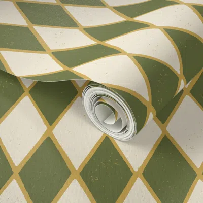 Spoonflower Peel And Stick Wallpaper Christmas Harlequin Diamond Geometric Rich Gold Elf Green Cream White Midi 