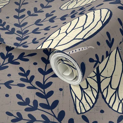 Spoonflower Peel And Stick Wallpaper Cicadas 2.0 - Gunmetal Beige 2' X 12' Removable