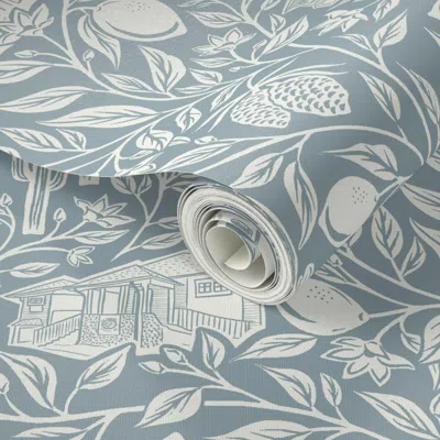 Spoonflower Peel And Stick Wallpaper Citrus Branches Blue And Cream 2' X 12' Removable