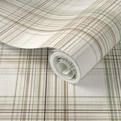 Spoonflower Peel And Stick Wallpaper Classic Nutral Plaid In Parchment Beige And Sage Green 2' X 12' Removable