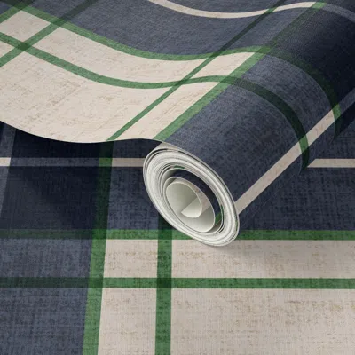 Spoonflower Peel And Stick Wallpaper Classic Vintage Woven Plaid Tartan College Dorm Room Decor Navy Beige Green