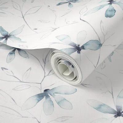 Spoonflower Peel And Stick Wallpaper Clematis / Blue Watercolor Floral Medium Scale 2' X 12' Removable
